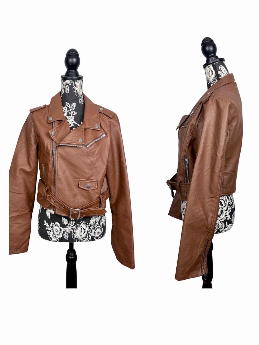 Ashley Outerwear brown cropped faux leather belted moto jacket size large